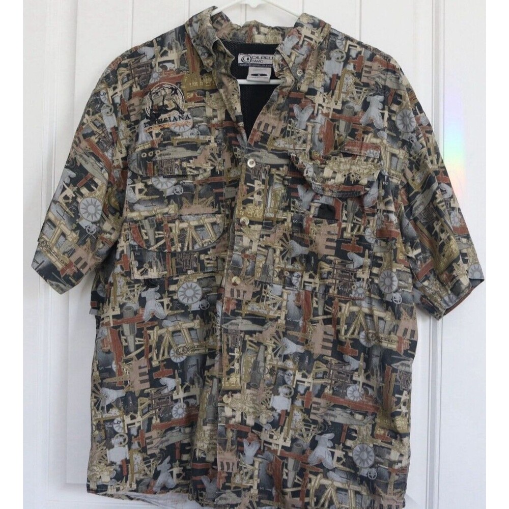 Oil Field Camo Short Sleeve Button Up Shirt Men's Sm vented  Oil Rigs Helicopter
